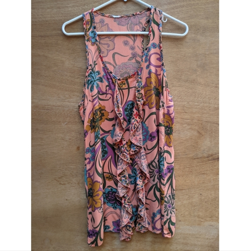3/$25 Anthropologie floral ruffle scoop neck tank top medium